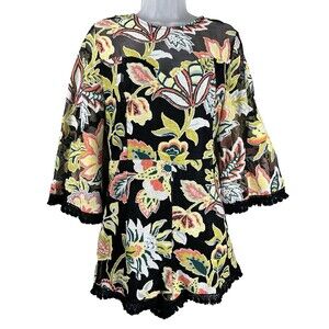 Entro Sweetheart Floral Mesh & Lace Romper L Colorful Artsy Boho Bell Sleeve